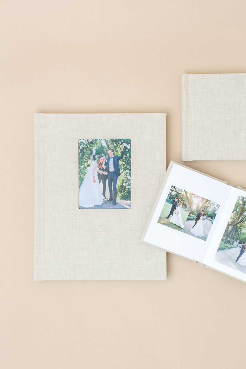 Designed album with cover print and an open spread alongside