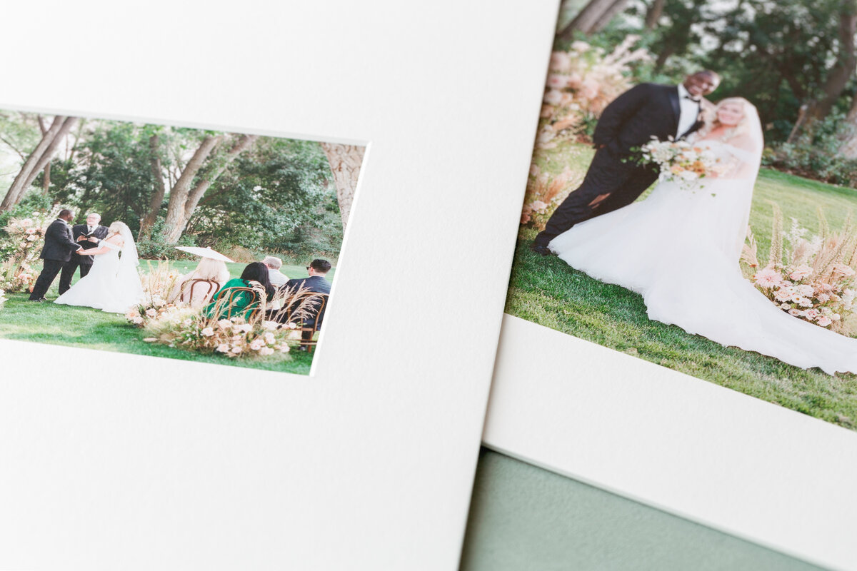 Two archival matted wedding prints overlapping on a soft background
